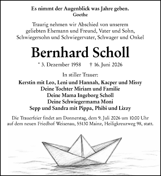 Traueranzeige von Bernhard Scholl von Allgemeine Zeitung Mainz