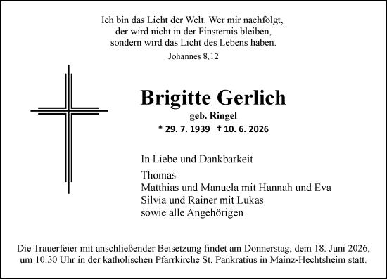 Traueranzeige von Brigitte Gerlich von Allgemeine Zeitung Mainz