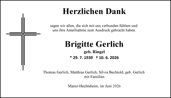 Traueranzeige von Brigitte Gerlich von Allgemeine Zeitung Mainz