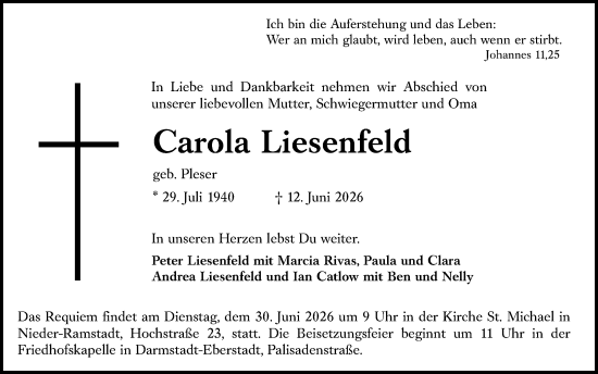 Traueranzeige von Carola Liesenfeld von Darmstädter Echo