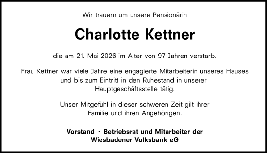 Traueranzeige von Charlotte Kettner von Wiesbadener Kurier