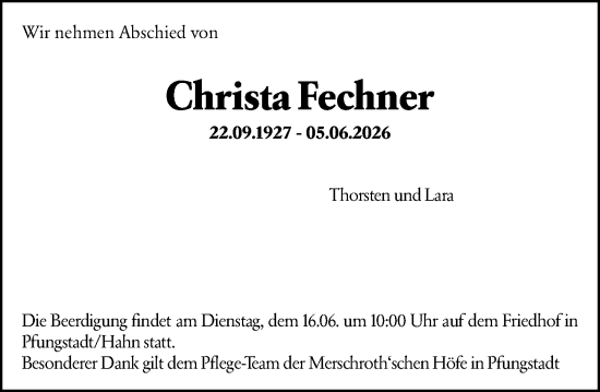 Traueranzeige von Christa Fechner von Darmstädter Echo
