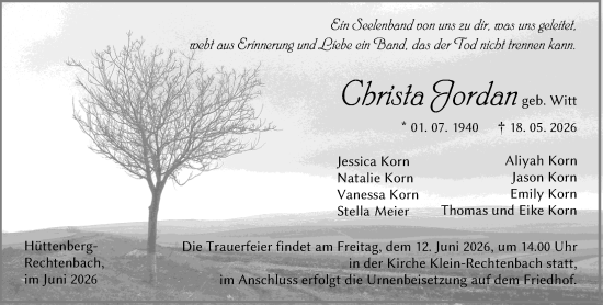 Traueranzeige von Christa Jordan von Wetzlarer Neue Zeitung