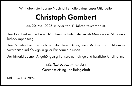 Traueranzeige von Christoph Gombert von Wetzlarer Neue Zeitung