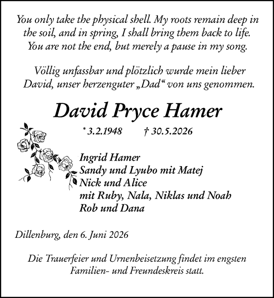 Traueranzeige von David Pryce Hamer von Dill Block