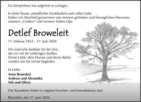 Traueranzeige von Detlef Broweleit von Wetzlarer Neue Zeitung