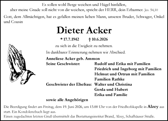Traueranzeige von Dieter Acker von Allgemeine Zeitung Alzey