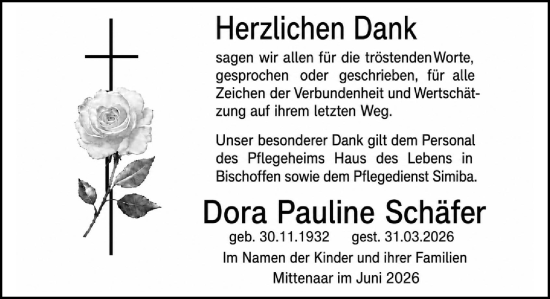 Traueranzeige von Dora Pauline Schäfer von Dill Block