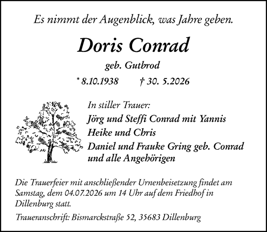 Traueranzeige von Doris Conrad von Dill Block