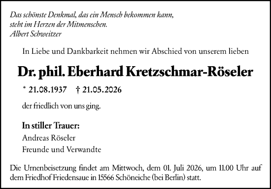Traueranzeige von Eberhard Kretzschmar-Röseler von Allgemeine Zeitung Mainz