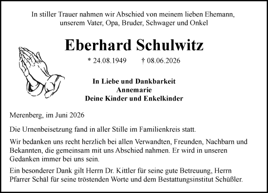Traueranzeige von Eberhard Schulwitz von Weilburger Tageblatt