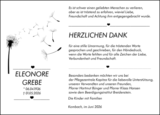 Traueranzeige von Eleonore Grebe von Hinterländer Anzeiger
