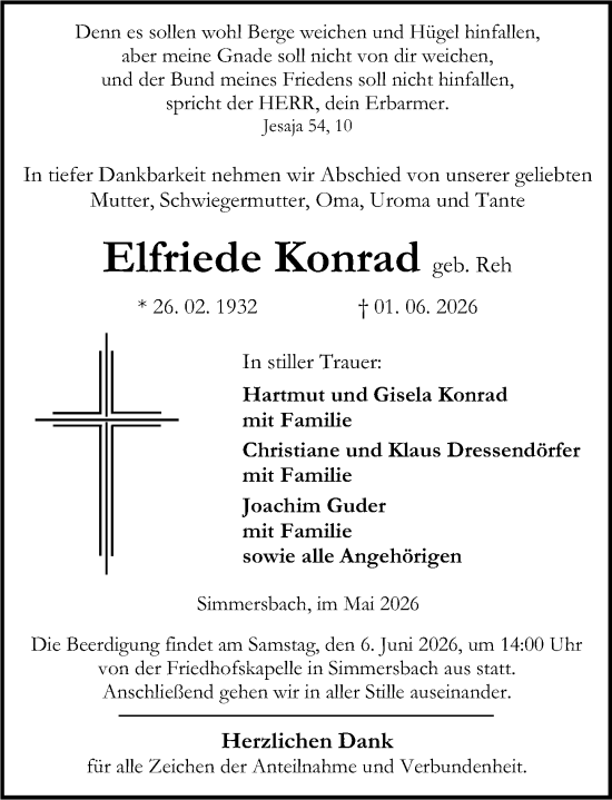 Traueranzeige von Elfriede Konrad von Dill Block
