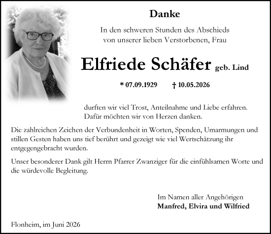 Traueranzeige von Elfriede Schäfer von Allgemeine Zeitung Alzey