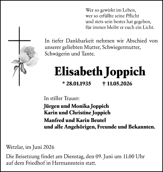 Traueranzeige von Elisabeth Joppich von Wetzlarer Neue Zeitung