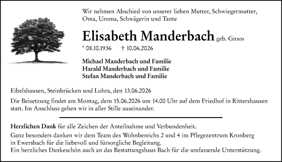 Traueranzeige von Elisabeth Manderbach von Dill Block