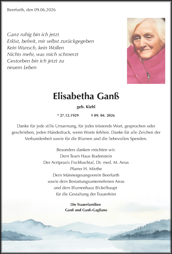 Traueranzeige von Elisabetha Ganß von Odenwälder Echo