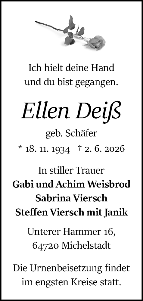 Traueranzeige von Ellen Deiß von Odenwälder Echo