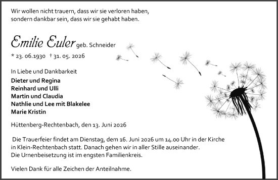 Traueranzeige von Emilie Euler von Wetzlarer Neue Zeitung