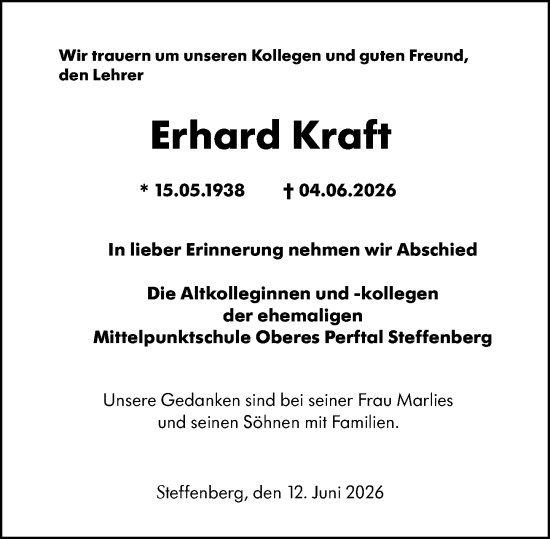 Traueranzeige von Erhard Kraft von Hinterländer Anzeiger