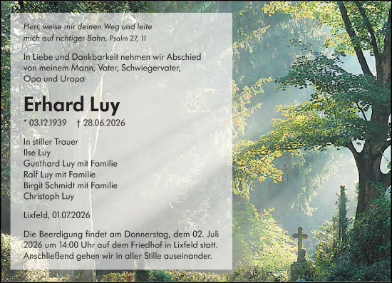 Traueranzeige von Erhard Luy von Hinterländer Anzeiger