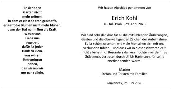Traueranzeige von Erich Kohl von Weilburger Tageblatt