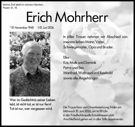 Traueranzeige von Erich Mohrherr von Hinterländer Anzeiger