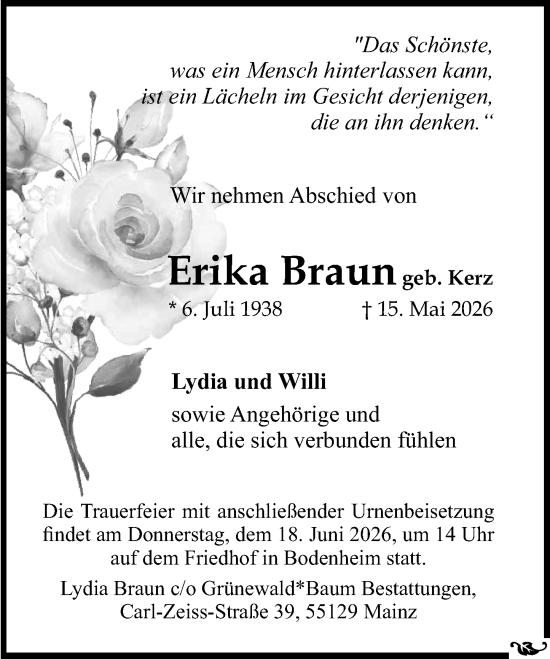 Traueranzeige von Erika Braun von Rüsselsheimer Echo