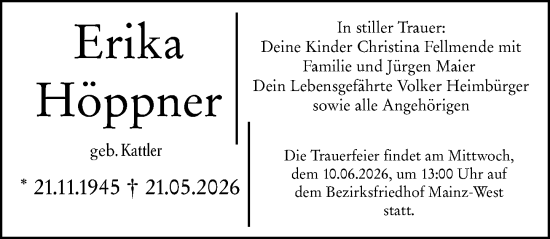 Traueranzeige von Erika Höppner von Allgemeine Zeitung Mainz