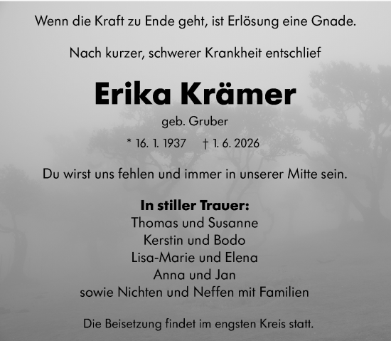 Traueranzeige von Erika Krämer von Wiesbadener Kurier