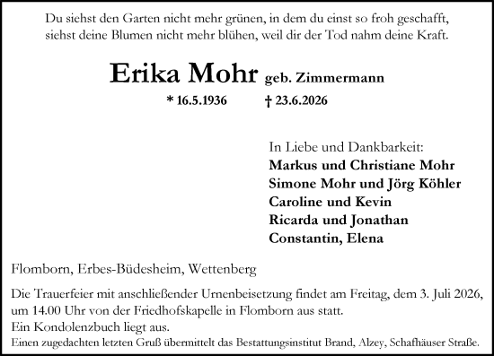 Traueranzeige von Erika Mohr von Allgemeine Zeitung Alzey