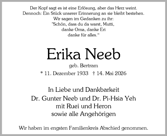 Traueranzeige von Erika Neeb von Idsteiner Land/Untertaunus