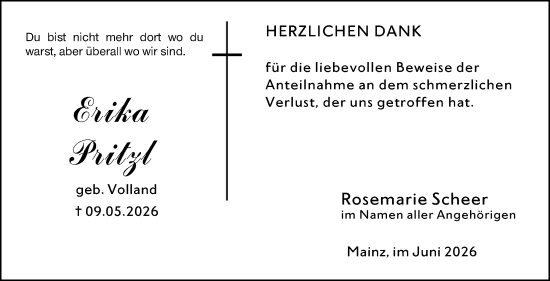 Traueranzeige von Erika Pritzl von Allgemeine Zeitung Mainz