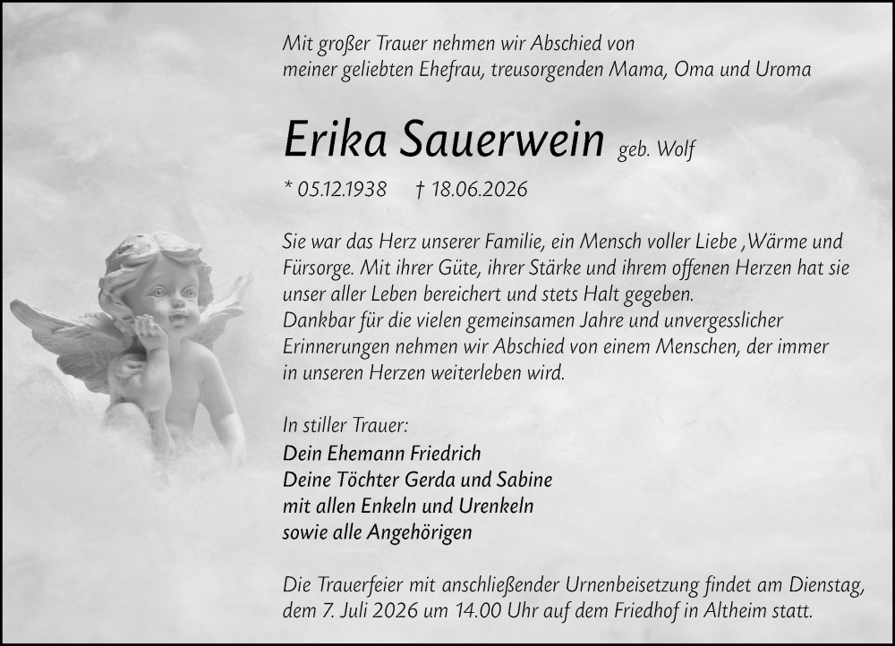 Traueranzeige für Erika Sauerwein vom 27.06.2026 aus Darmstädter Echo
