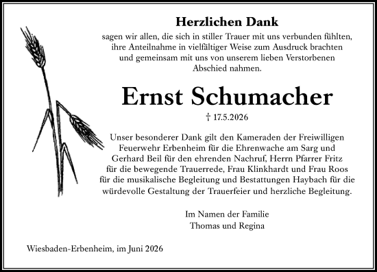 Traueranzeige von Ernst Schumacher von Wiesbadener Kurier