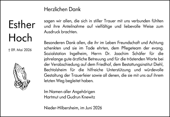 Traueranzeige von Esther Hoch von Allgemeine Zeitung Rheinhessen-Nahe
