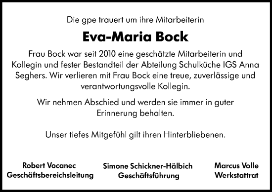 Traueranzeige von Eva-Maria Bock von Allgemeine Zeitung Mainz