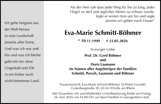 Traueranzeige von Eva-Marie Schmitt-Böhmer von Wiesbadener Kurier