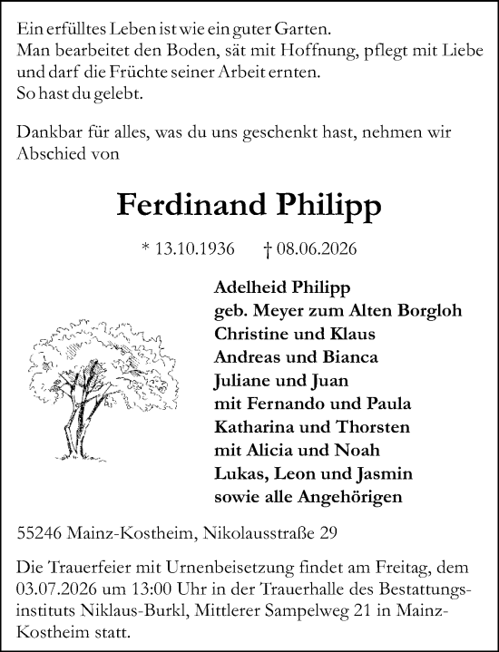 Traueranzeige von Ferdinand Philipp von Allgemeine Zeitung Mainz