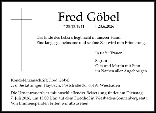 Traueranzeige von Fred Göbel von Wiesbadener Kurier