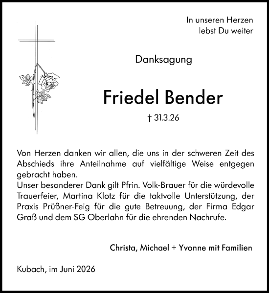Traueranzeige von Friedel Bender von Weilburger Tageblatt