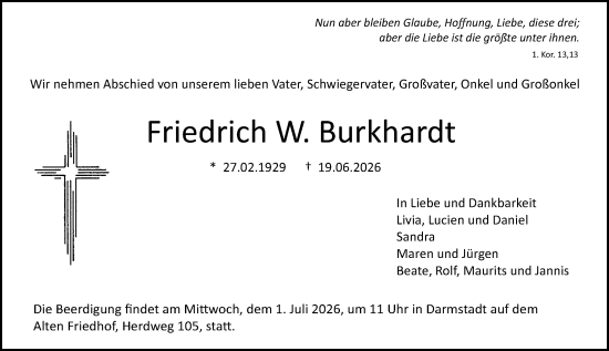 Traueranzeige von Friedrich W. Burkhardt von Darmstädter Echo
