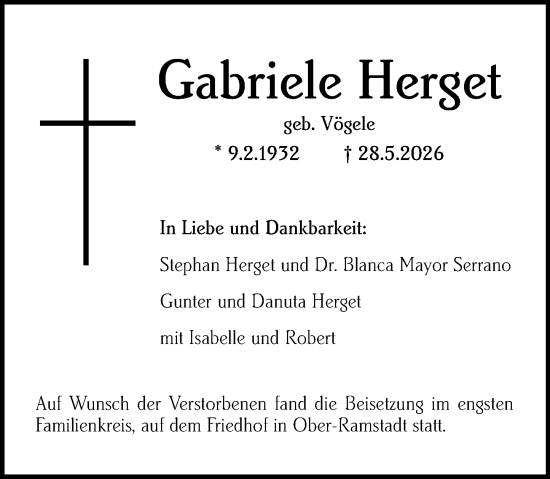 Traueranzeige von Gabriele Herget von Darmstädter Echo