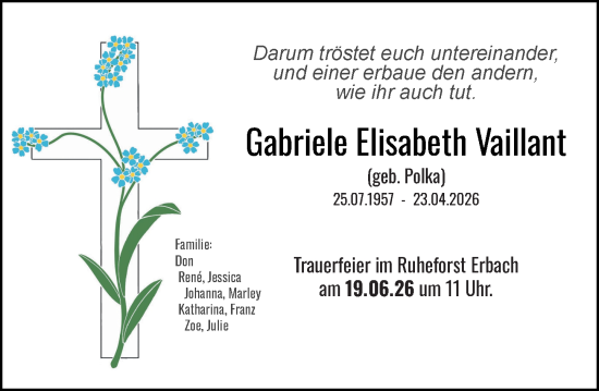 Traueranzeige von Gabriele Elisabeth Vaillant von Dieburger Anzeiger/Groß-Zimmerner Lokal-Anzeiger