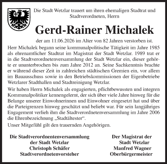 Traueranzeige von Gerd-Rainer Michalek von Wetzlarer Neue Zeitung