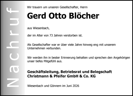 Traueranzeige von Gerd Otto Blöcher von Hinterländer Anzeiger