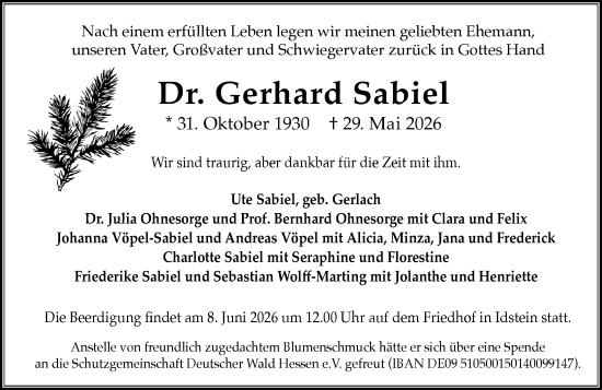 Traueranzeige von Gerhard Sabiel von Wiesbadener Kurier