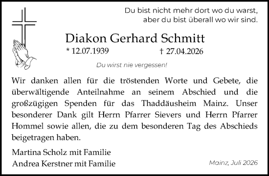 Traueranzeige von Gerhard Schmitt von Allgemeine Zeitung Mainz