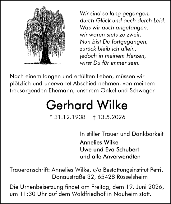 Traueranzeige von Gerhard Wilke von Rüsselsheimer Echo
