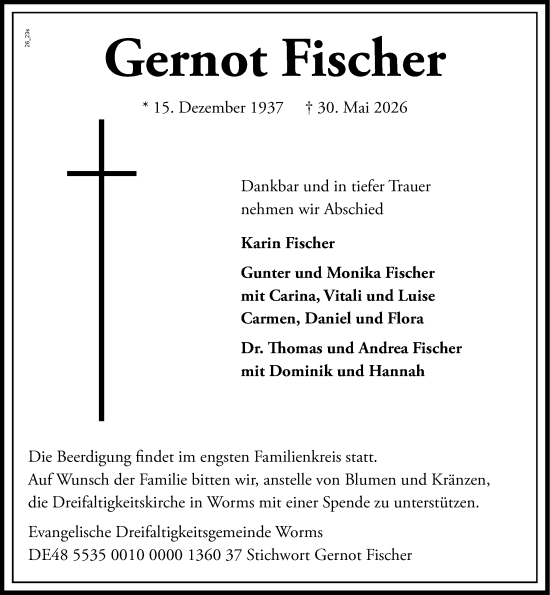 Traueranzeige von Gernot Fischer von Wormser Zeitung